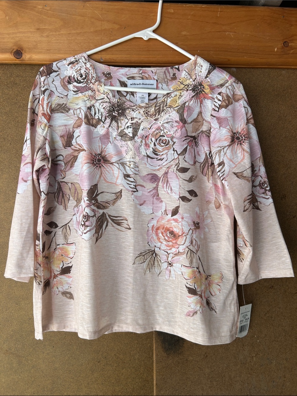 Alfred Dunner Blush Pink Floral Lace-Trim Long Sleeve Tee